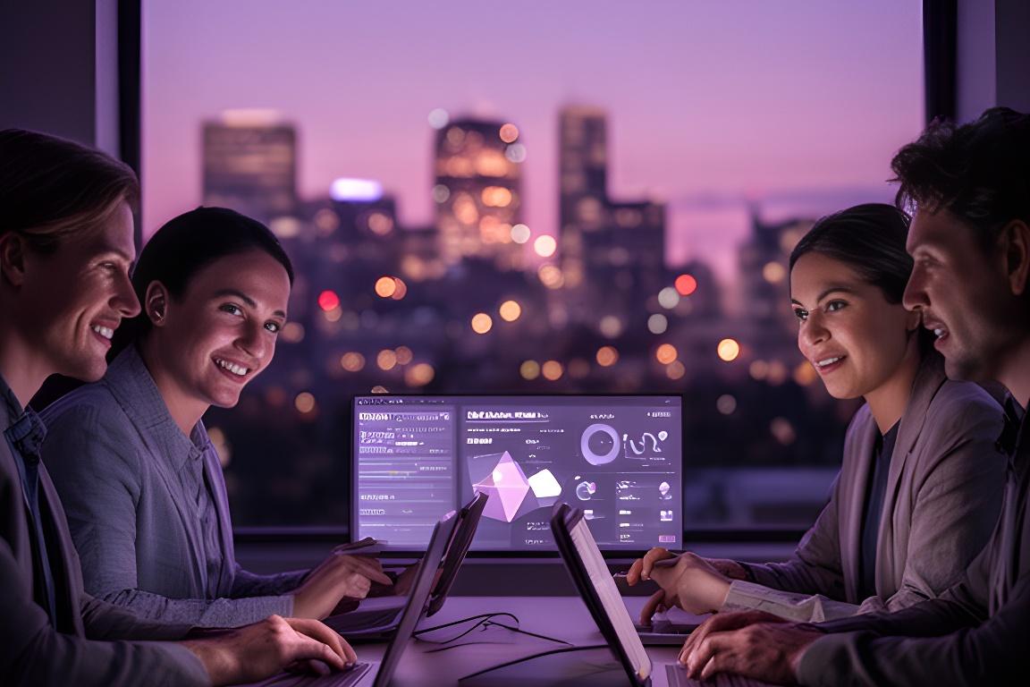 Modern database consulting team working beside a glowing city skyline at dusk in Gaithersburg Maryland