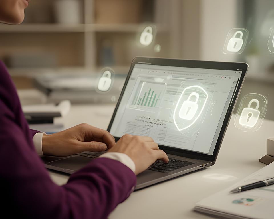 Accounting professional reviewing secure financial records on a laptop in a modern office with a glowing lock dashboard