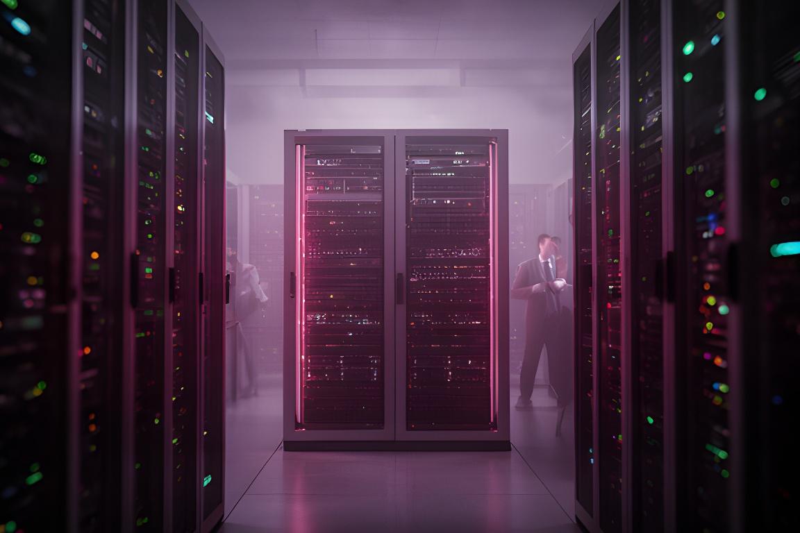 Database server rack glowing in a secure modern data center with backup status displays