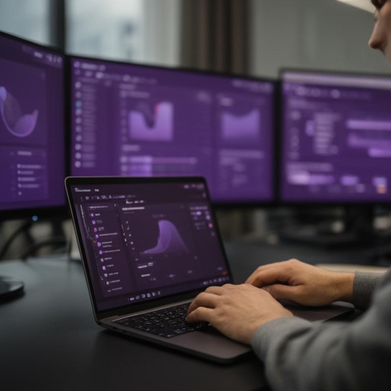 Database consultant reviewing analytics dashboards in a modern office with a laptop and multiple screens