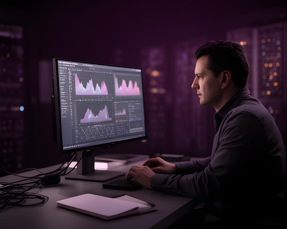 Database specialist reviewing performance charts on a modern workstation in a dim studio setting