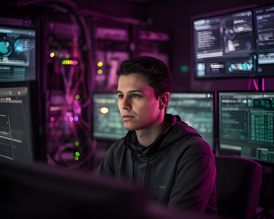 Cybersecurity specialist reviewing encrypted database dashboards in a modern control room