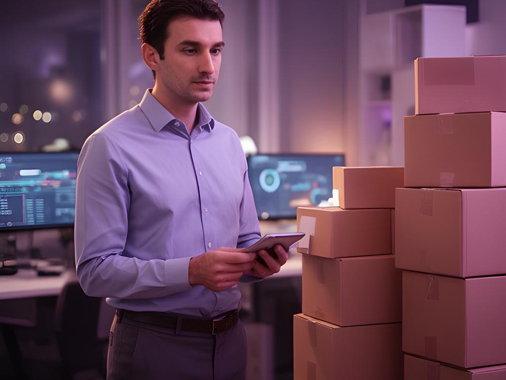 Database specialist reviewing an online store performance dashboard beside stacked inventory boxes in a modern office