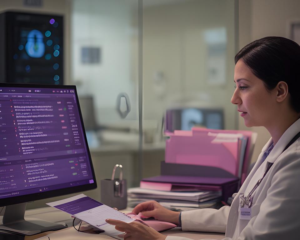 Healthcare administrator reviewing secure patient database screens in a modern clinic office