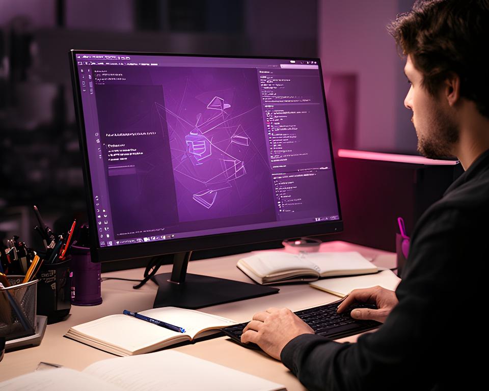 Developer workspace showing HeidiSQL on a large monitor beside notebooks and a focused database workflow