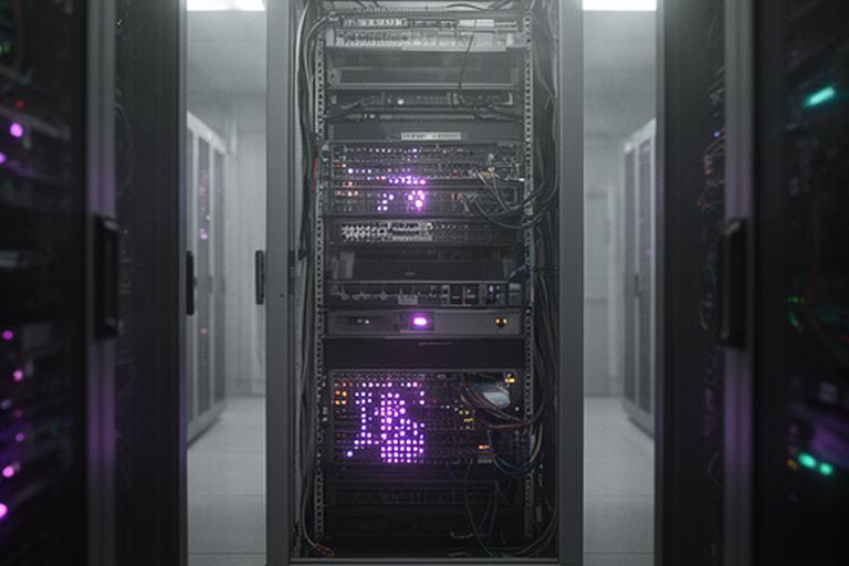 Neatly lit server rack with status lights in a secure data room