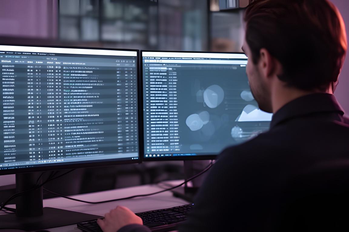 Security analyst reviewing database access logs on dual monitors in a modern office