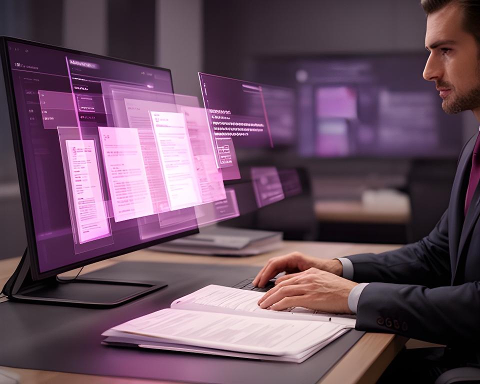 Attorney reviewing secure client records on a desktop screen in a modern office