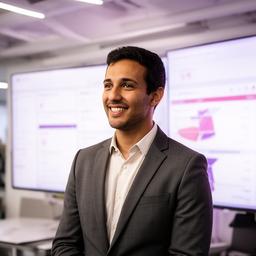 Alex S. standing in a modern office with database dashboards on large screens