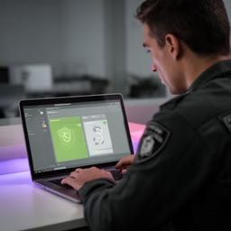 Jordan M. reviewing security settings on a laptop in a quiet office workspace